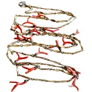 VTG pink Coral branch beads long necklace gold link beaded Retro Estate 60s 54"